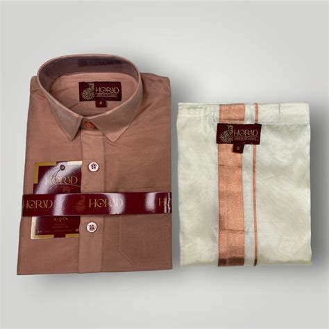 Horad Premium Art Silk Dad and Son Copper Shirt + Cream Dhoti – HORAD