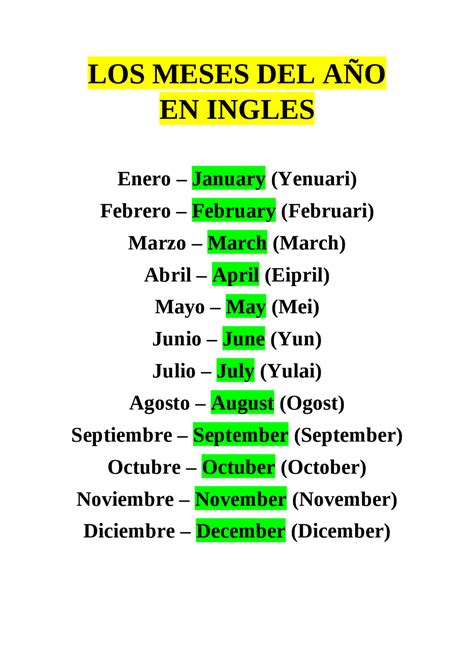 Los Meses Del Ano Ingles Los Meses Del Año (months Of The Year)