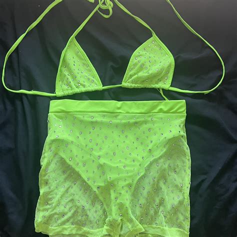 iheartraves two piece mesh sparkle neon green bikini... - Depop