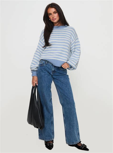 Harmony Balloon Sleeve Knit Sweater Blue / White Stripe | Princess Polly