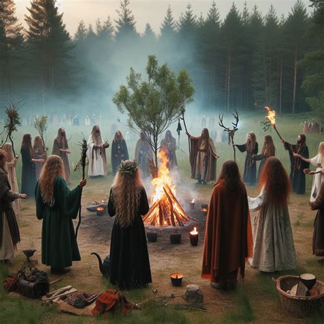 A pagan ritual in a clearing, with participants dressed in traditional robes, celebrating nature ...