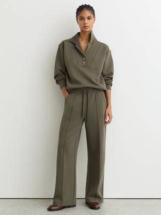Reiss Bella Button Neck Sweatshirt, Khaki Green