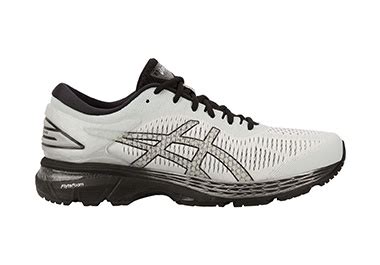 Men’s white and black running shoe.