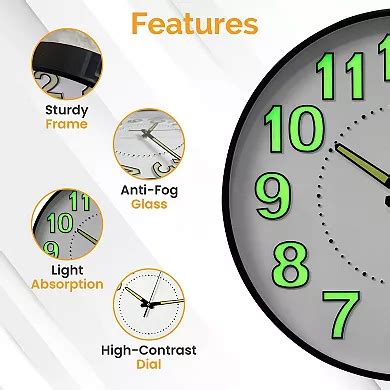 Clockswise 12" Round Wall Clock Glow in the Dark Luminous Green Numbers ...