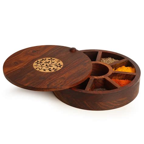 Buy ExclusiveLane 'Floral' Sheesham Wooden Spice Box for Kitchen (9 ...