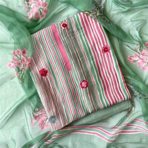 Olive Green Blooms & Knots Hand Embroidered & Printed Soft Munga Unsti ...