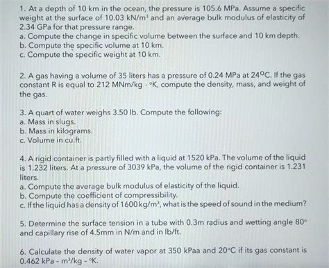 Solved 1. At a depth of 10 km in the ocean, the pressure is | Chegg.com