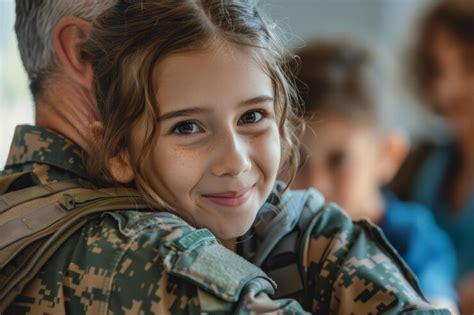 A young girl is hugging a man in a military uniform | Premium AI ...