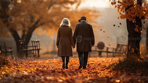 Senior couple holding hands walking through the park on a fall day - Generative AI. 29932825 ...