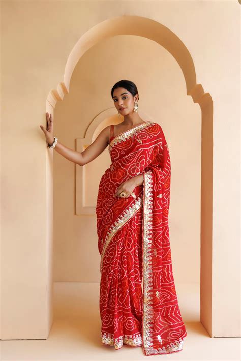 Shop Red Pure Georgette Gota Patti Bandhani Saree – Geroo Jaipur