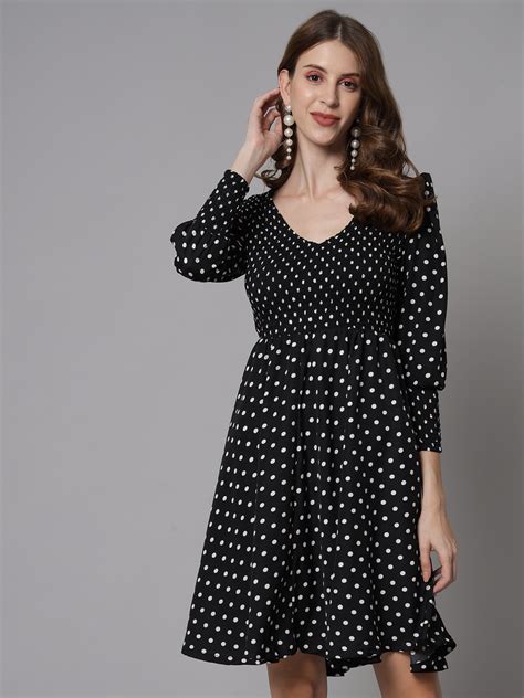 Emeros Women Black Polka Print Puff Sleeve Smocked Fit & Flared Dress