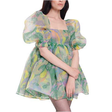 Fesfesfes Women Dress Green Organza Square Neck Puff Sleeve Princess ...