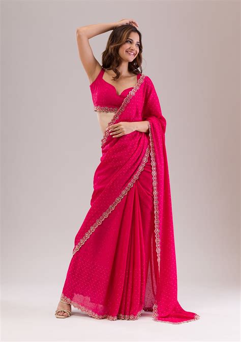 Buy Rani Pink Stonework Semi Crepe Saree - Koskii