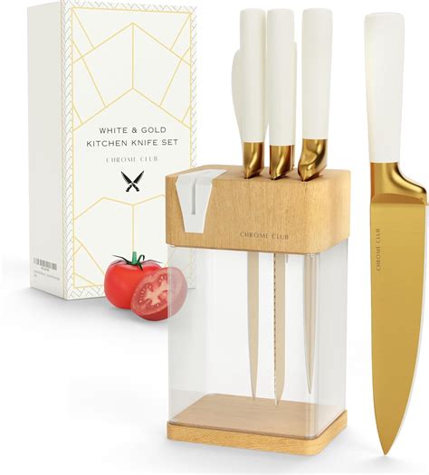 Amazon.com: CHROME CLUB Stainless Steel White and Gold Knife Set with Block - 7 Piece Gold ...