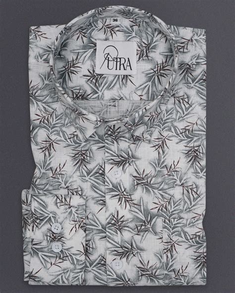 Men's White and Grey Tropical Leaf Print Slub Shirt - Putra