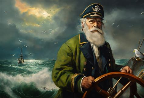 Lexica - A detailed oil painting of an ((((old sea captain, steering ...