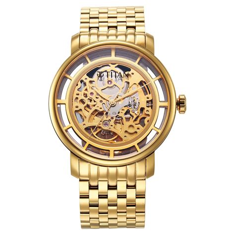 Buy Online Titan Mechanical Slimline Golden Dial Golden Stainless Steel ...
