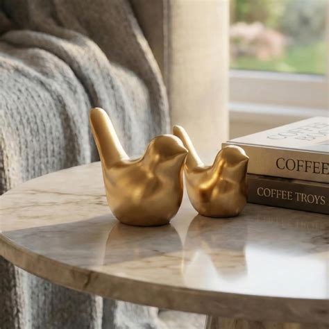 Set of 2 Golden Resin Love Birds Showpieces Bird Figurines Statues ...