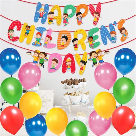 Zyozique Happy Children Day Paper Banner with Multi Colours Balloon for ...