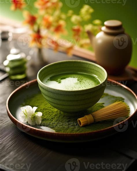 An artfully arranged shot featuring an exquisite Japanese matcha tea ...
