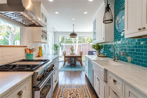 Contemporary White And Turquoise Parallel Kitchen Design With Subway ...