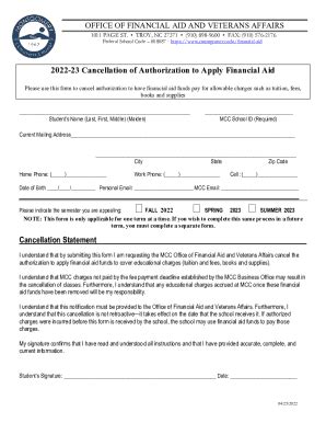 Fillable Online Cancellation of Authorization to Apply Financial Aid ...