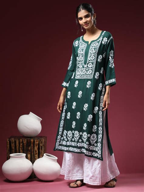 Premium Hand Embroidery Chikankari Kurta Modal Cotton- Green - House Of ...