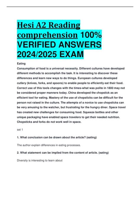 Hesi A2 Reading comprehension 100% VERIFIED ANSWERS 2024/2025 EXAM ...
