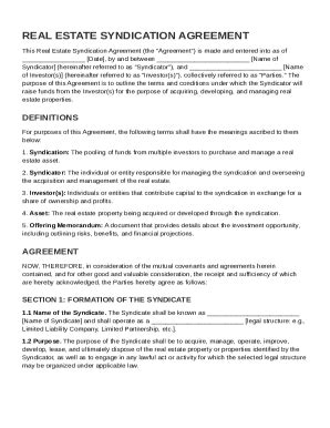 Real Estate Syndication Agreement Template - Fill and Sign Printable ...