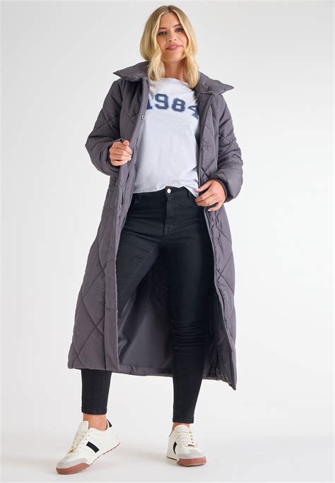 Womens Grey Diamond Quilted Long Coat | Peacocks