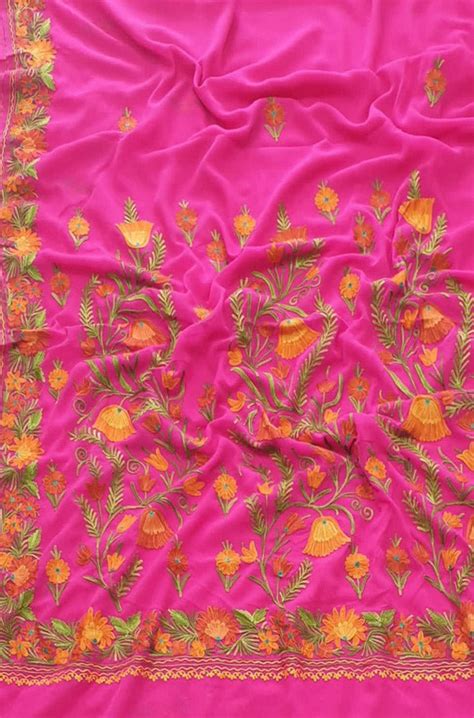 Pink Embroidered Kashmiri Aari Work Georgette Flower Design Saree ...