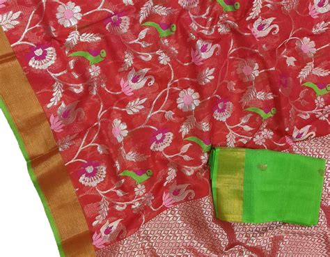 Red Handloom Kota Doria Real Zari Parrot And Floral design Saree ...