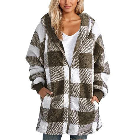 TQWQT Khaki Plaid Jacket Women Plaid Zipper Fleece Lined Jackets Hooded ...