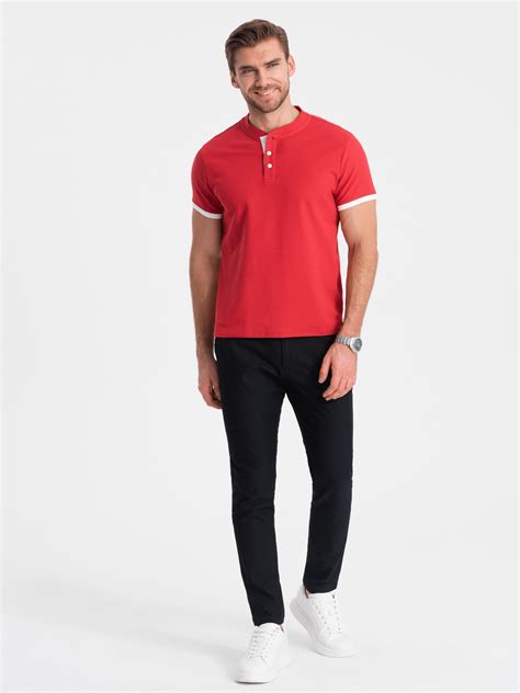 Men's collarless polo shirt - red V2 OM-TSCT-0156 | Ombre.com - Men's ...