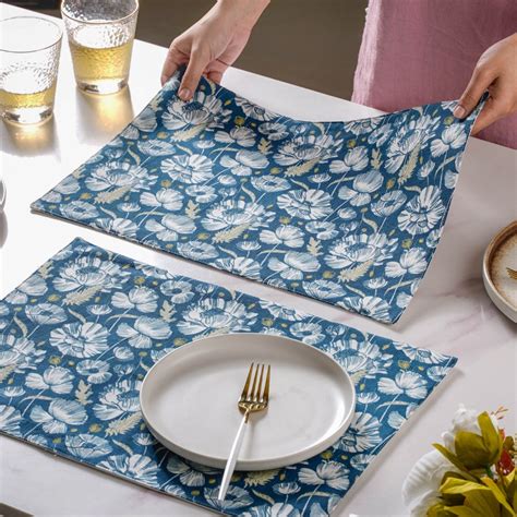 Floral Dining Cotton Printed Table Mat Royal Blue Set Of 2 Online ...