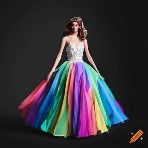 Rainbow wedding dress with white bodice and colorful skirt