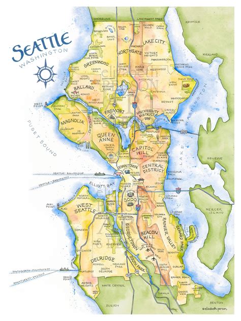 Seattle Map Watercolor Illustration Puget Sound Neighborhood Map Alki ...