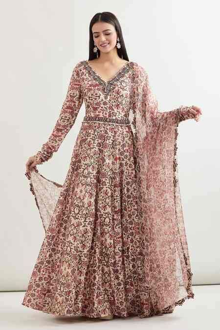 Buy Beige Chanderi Embroidery Plunge Neck Mehvish Floral Print Anarkali ...