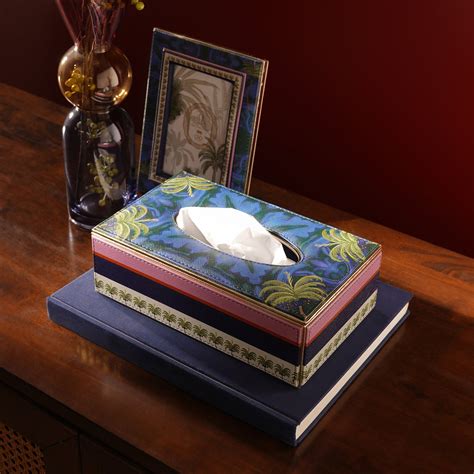 Dark Blue Palmas Printed Faux Leather Tissue Box