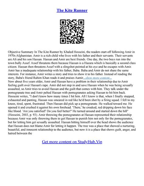 The Kite Runner Essays - The Kite Runner Objective Summary In The Kite Runner by Khaled Hosseini ...
