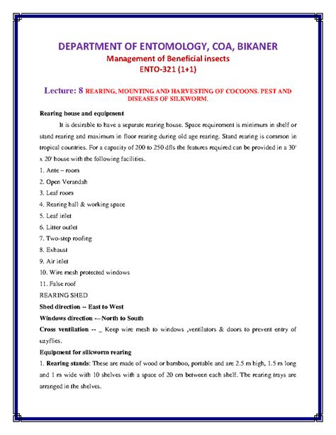 Lec 8: Rearing, Mounting & Harvesting of Cocoons in ENTO-321 - Studocu