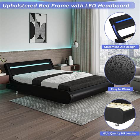 DICTAC Queen Upholstered Modern Bed Frame with LED Headboard Low ...