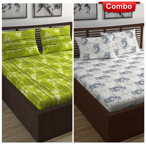 Green and Grey Floral Fitted Double Bedsheet Combo | Divine Casa