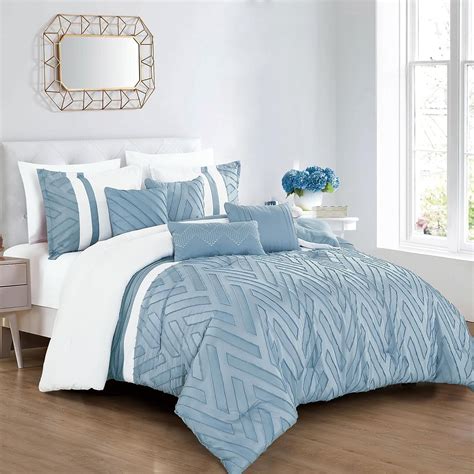 ESCA 7-Piece Brady Sky Blue Embroidery Comforter Bedding Set - OEKO-TEX Standard 100, Breathable ...