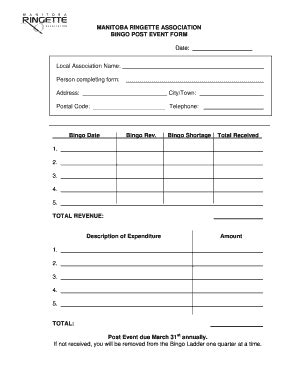 Fillable Online MANITOBA RINGETTE ASSOCIATION BINGO POST EVENT FORM Fax ...