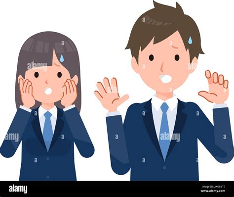 Male and female students wearing navy blue blazers. Surprised and ...