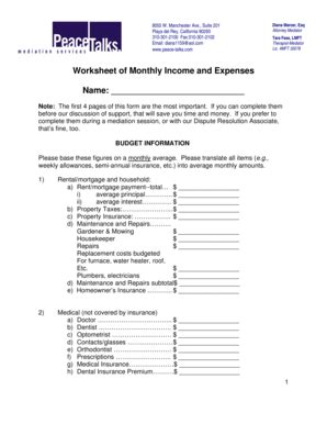 California Monthly Income and Expenses Worksheet - Blank Fillable ...