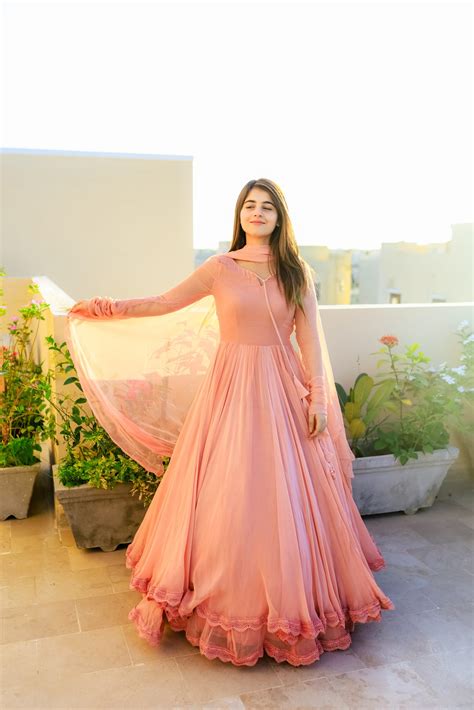 Solid Peach Long Flair Double Layered Anarkali With Dupatta – subhvastra
