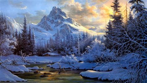 Winter Paintings With Snow | Landscape paintings, Mountain landscape ...
