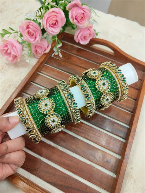 Gorgeous Bottle green floral lotus set with Raindrop glass bangles ...